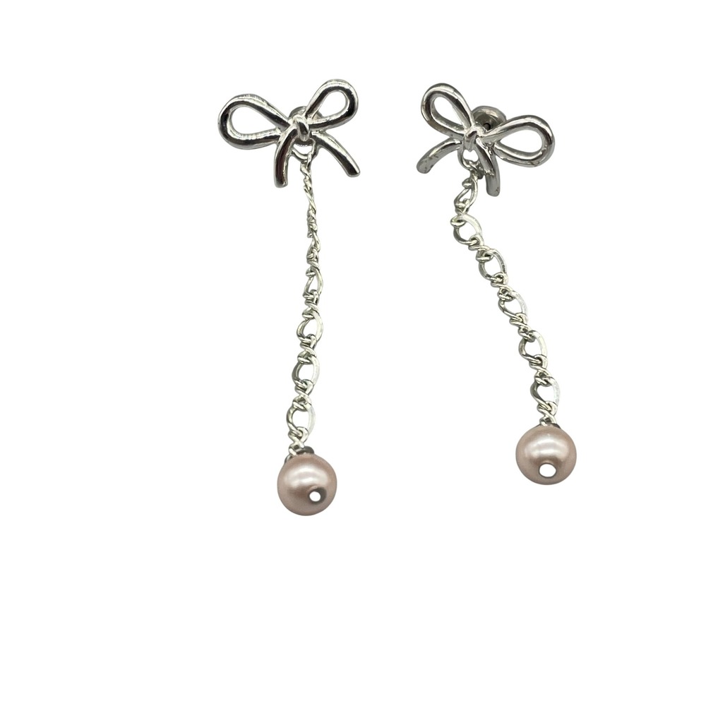 Silver Tone Bow Pink Pearl Drop Dangle Earrings Coquette Bridal Post Back 2" - Picture 4 of 5